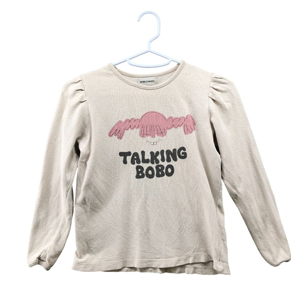 Bobo Choses‎ Girls 8-9 Sweatshirt Beige Talking Bobo Puff Sleeve Crewneck Cotton